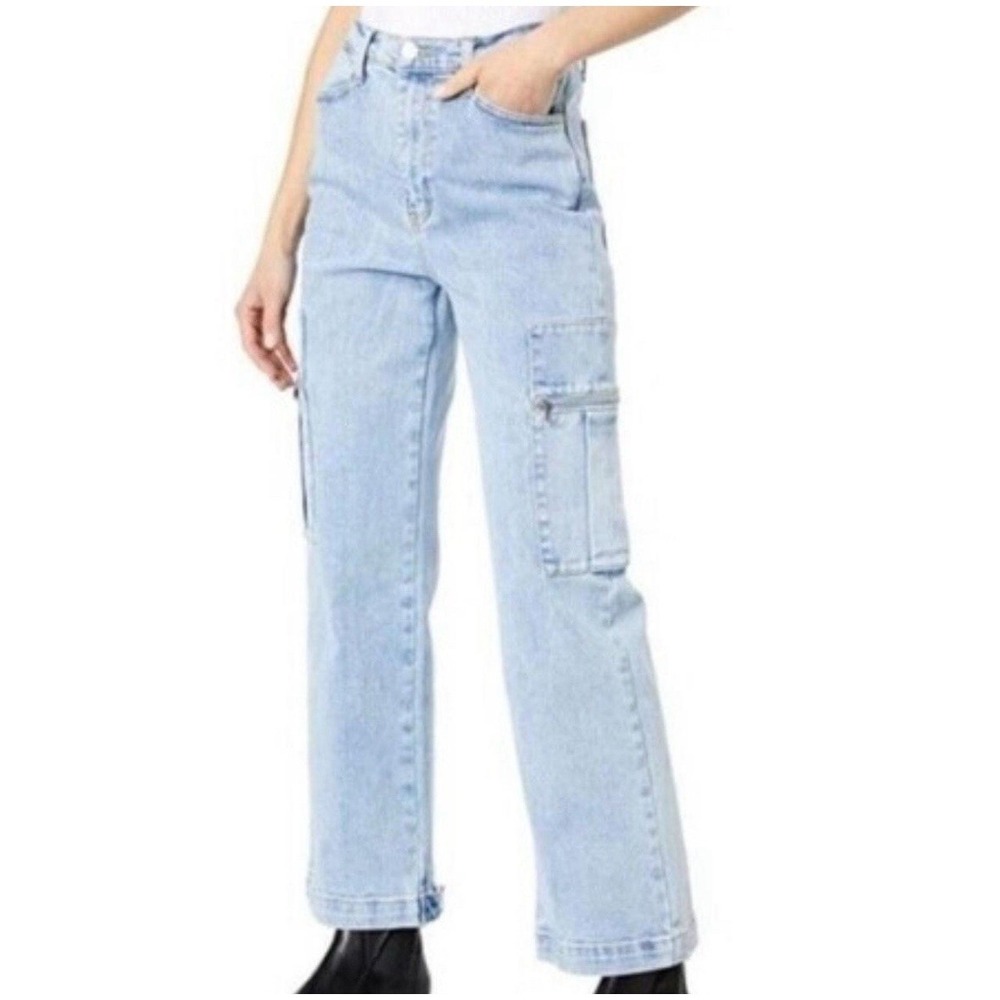 WEWORRWHAT Large High Rise Utility Straight Cargo Light Wash Stretch Jeans NWT